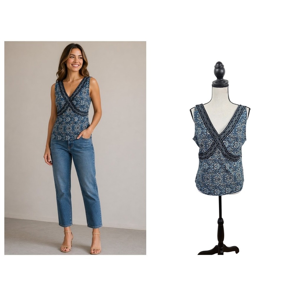 Tahari Sleeveless Top Women 12P Blue‎ Paisley Knit Boho Workwear Blouse